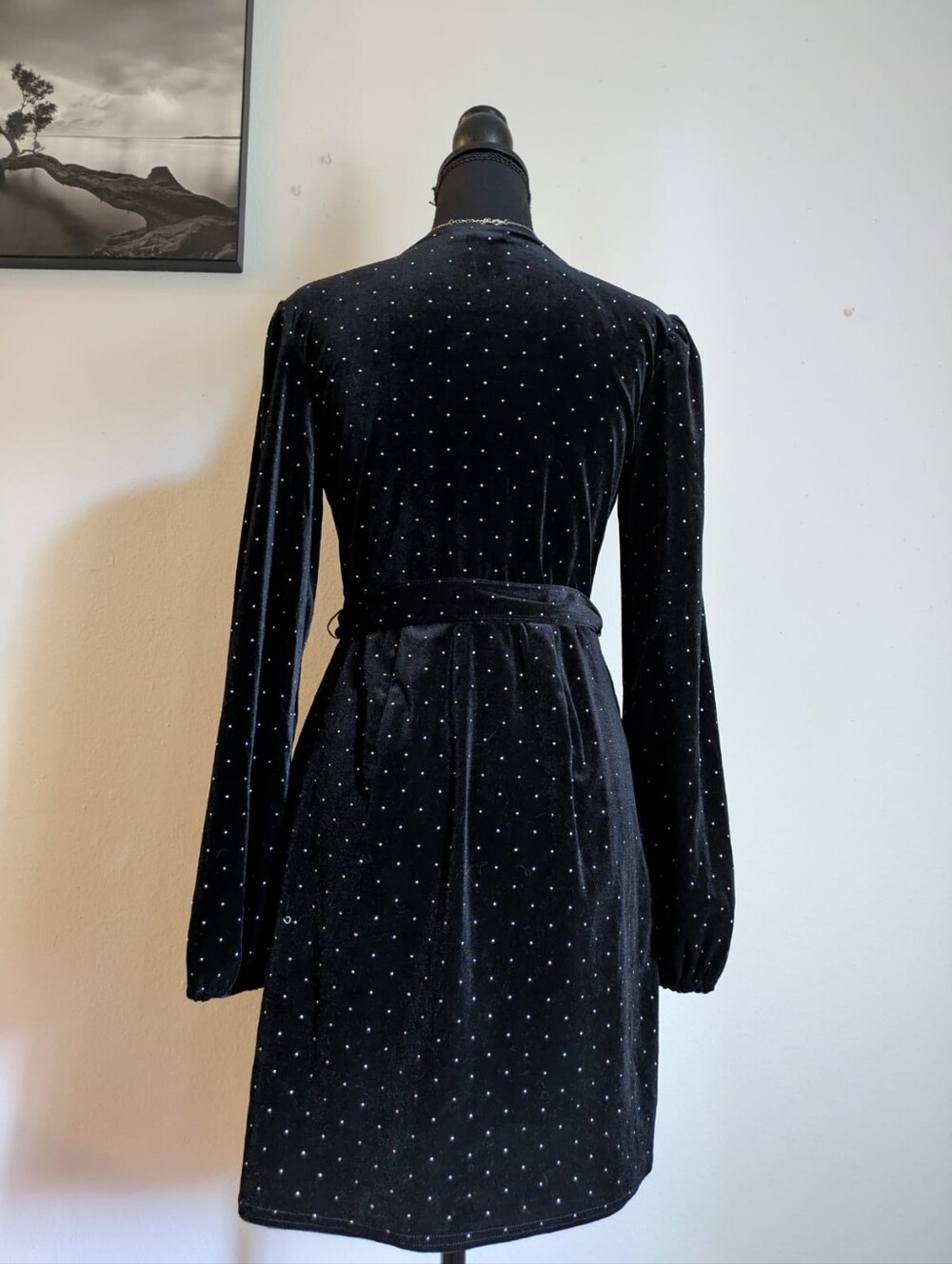 Nine West Black Velvet Polka Dot Faux Wrap Mini Dress - Size S - Picture 5 of 6